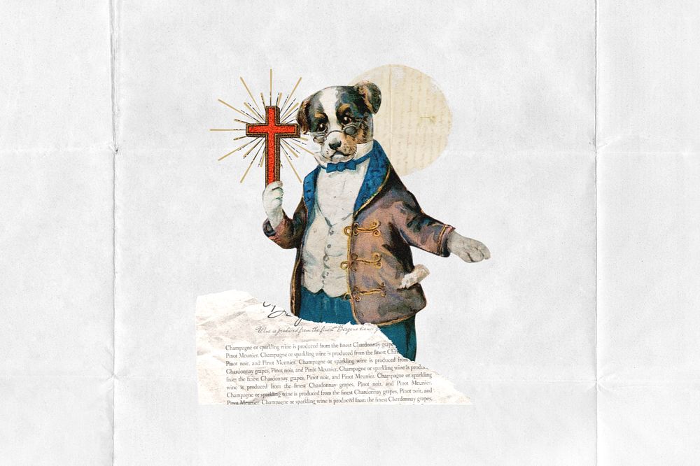 Dog holding Christian cross, religion editable collage art. Remixed by rawpixel.