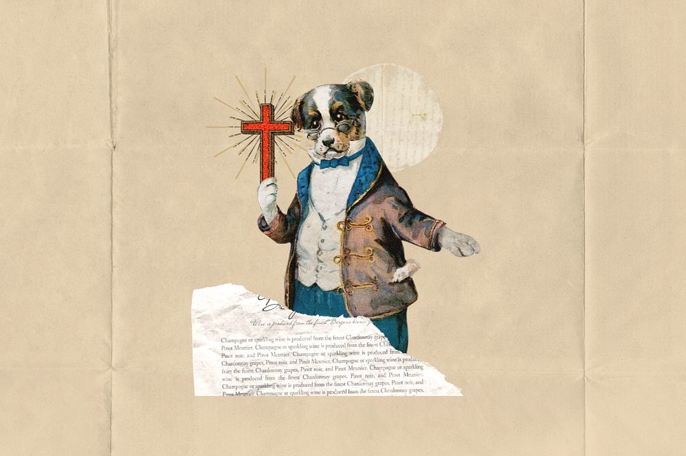 Dog holding Christian cross, religion editable collage art. Remixed by rawpixel.