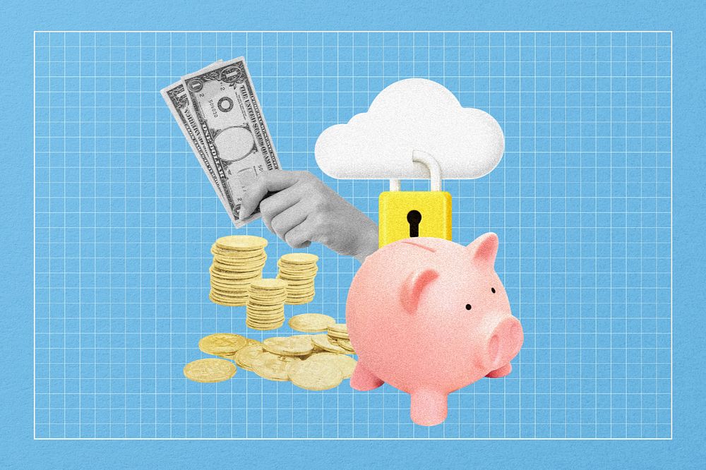 Piggy bank savings, finance collage art, editable design