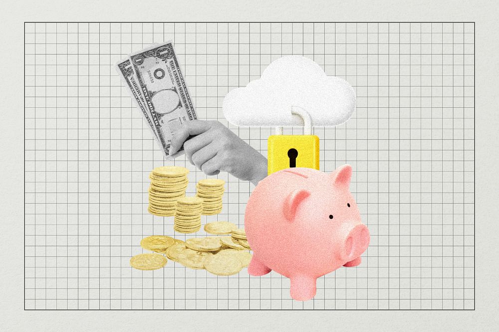 Piggy bank savings, finance collage art, editable design