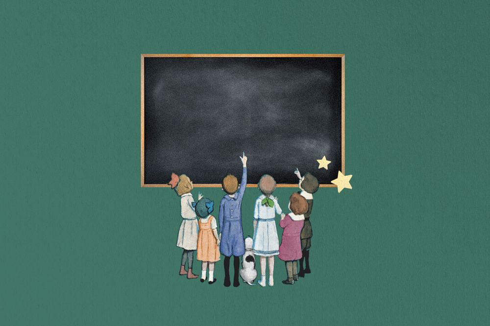 Children pointing at blackboard, editable education. Remixed by rawpixel.