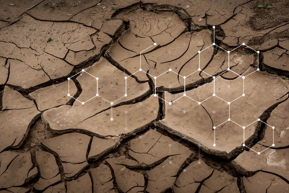 Cracked soil, drought, global warming, digital remix, editable design