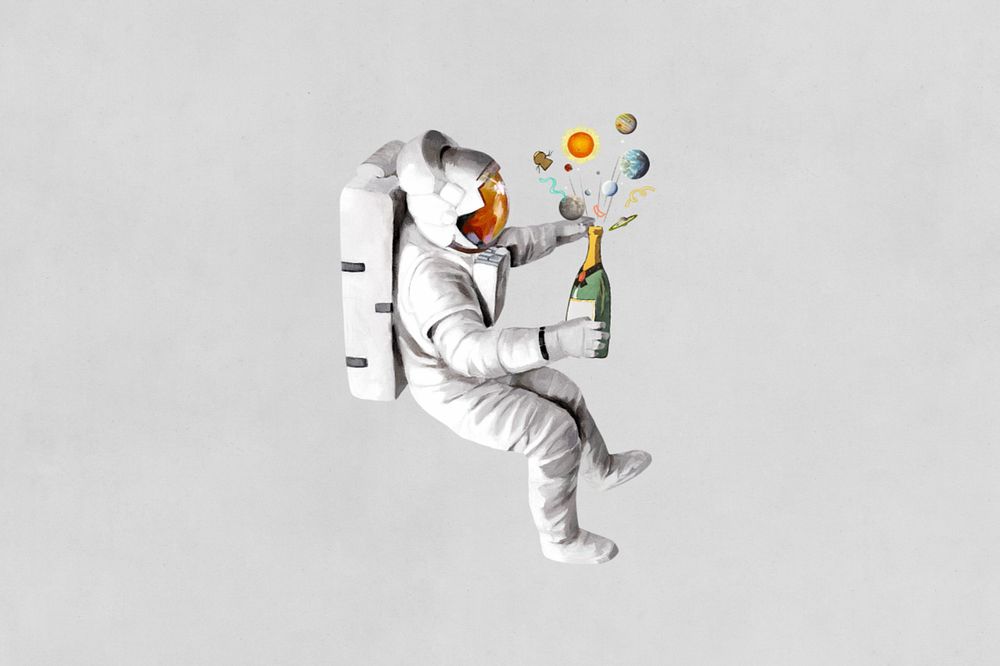 Astronaut holding champagne bottle