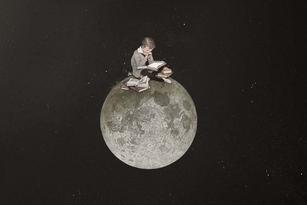 Boy reading on moon, surreal education editable remix