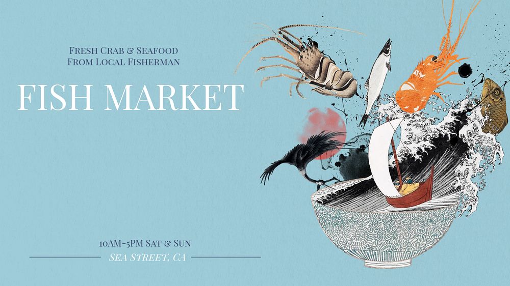 Fish market  blog banner template, editable text