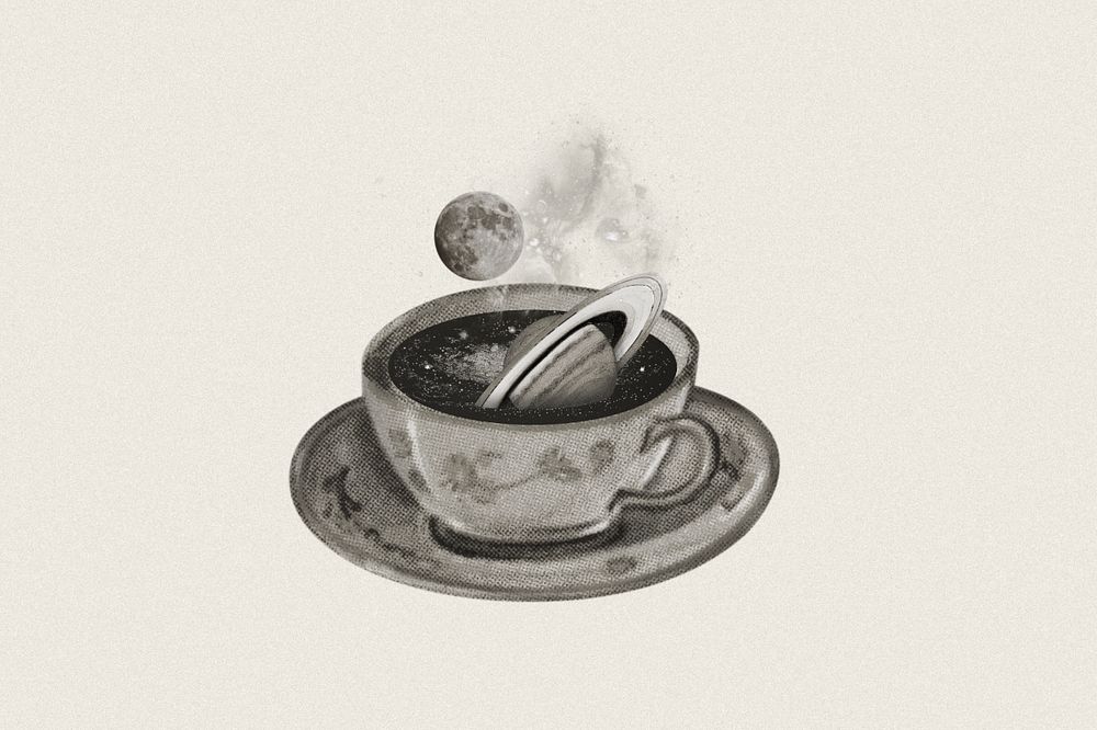 Saturn in coffee cup, surreal escapism editable remix