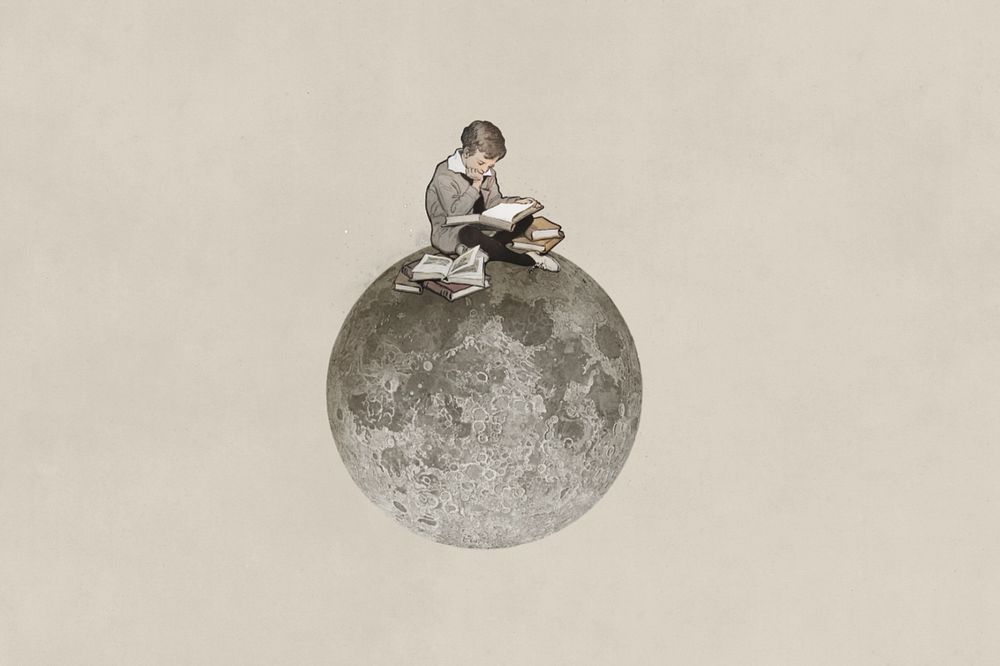 Boy reading on moon, surreal education editable remix