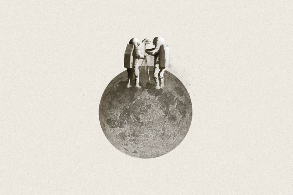 Astronauts taking photo, moon galaxy editable remix