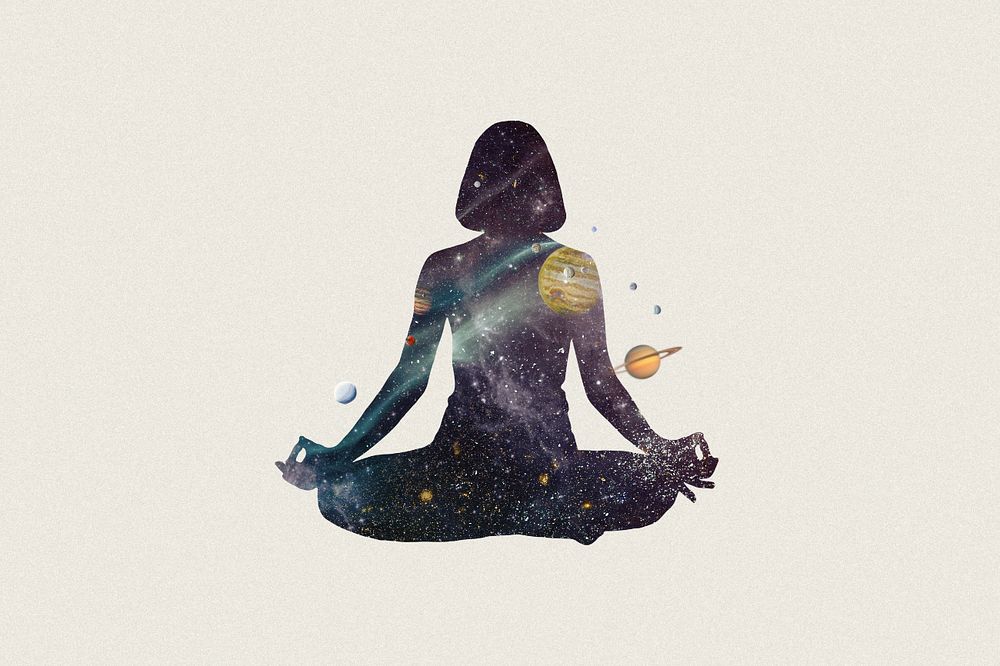 Meditating woman, galaxy silhouette editable remix