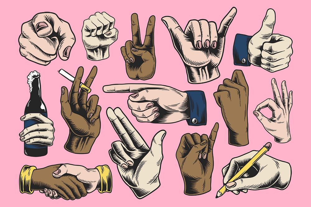 Vintage hand gesture illustration, diversity editable design