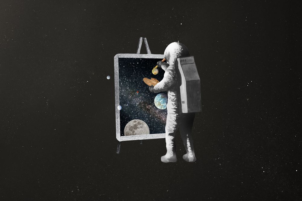 Astronaut painting canvas, surreal galaxy editable remix