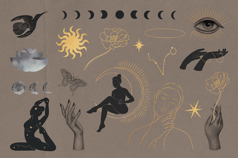 Gold and black spiritual collage element set, editable design