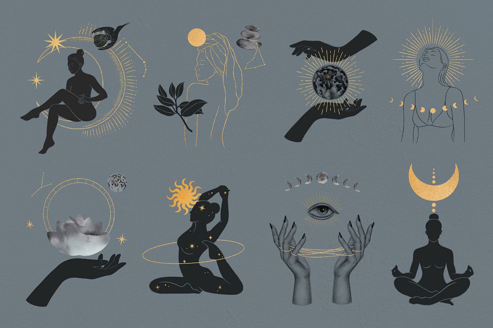 Spiritual illustration collage element remix set, editable design