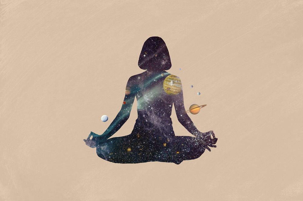 Meditating woman, galaxy silhouette editable remix