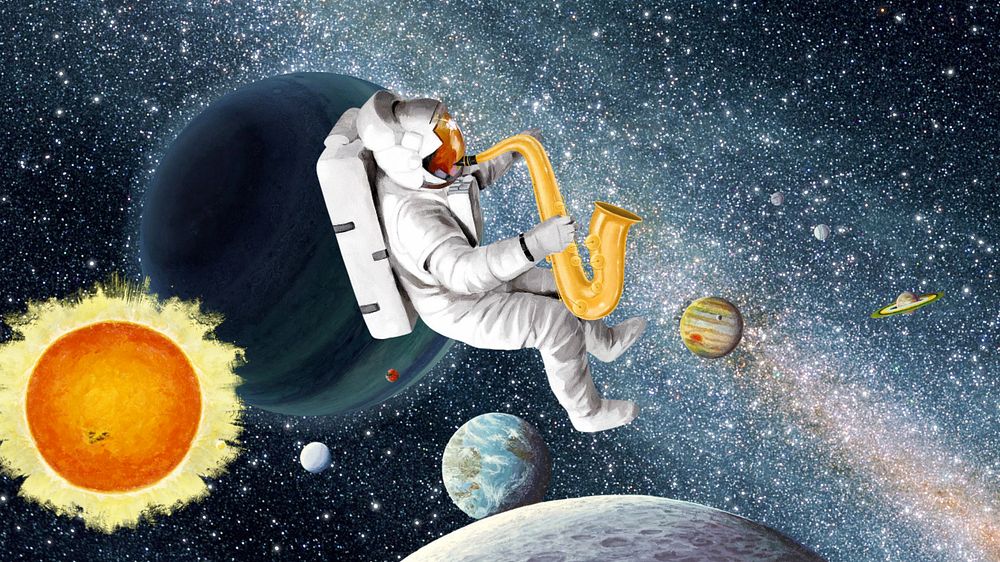 Astronaut playing saxophone HD wallpaper, outer space aesthetic