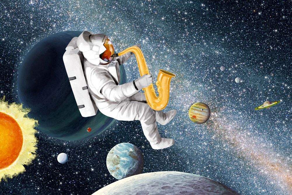 Astronaut playing saxophone background, outer space aesthetic