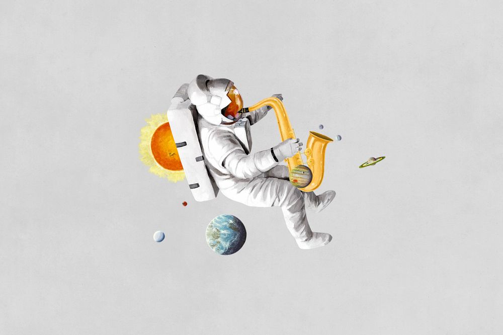 Astronaut playing saxophone, surreal galaxy editable remix