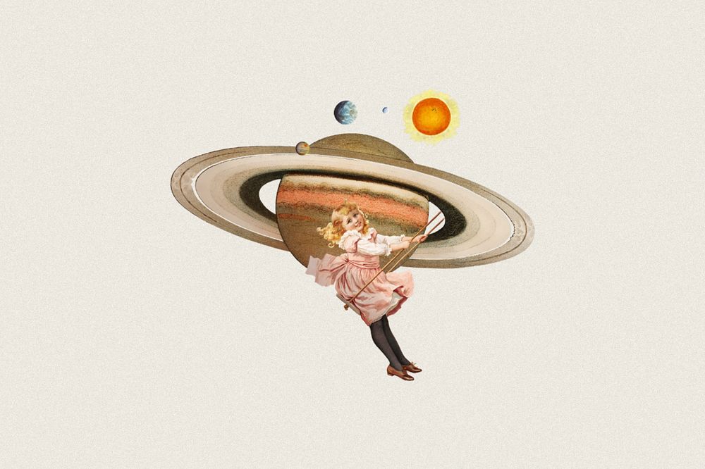 Little girl playing swing, space aesthetic editable remix