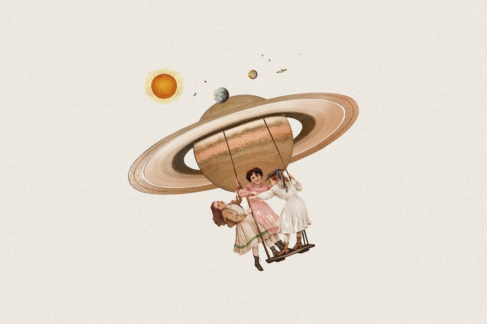 Little girls playing swing, space aesthetic editable remix