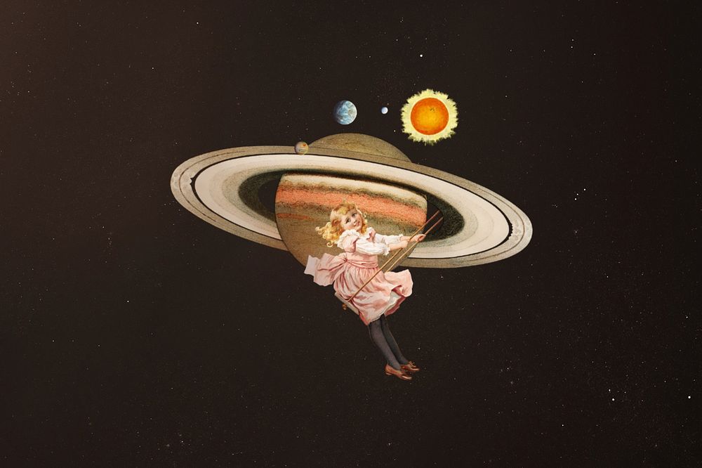 Little girl playing swing, space aesthetic editable remix