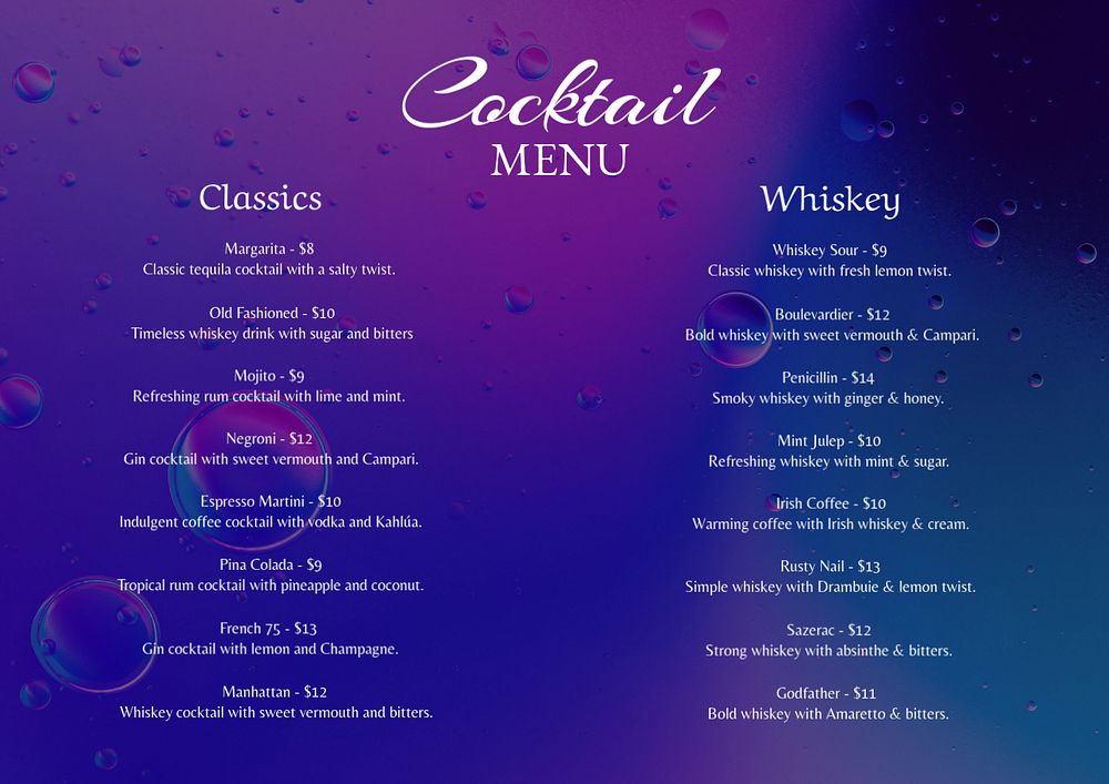 Cocktail menu template, editable design