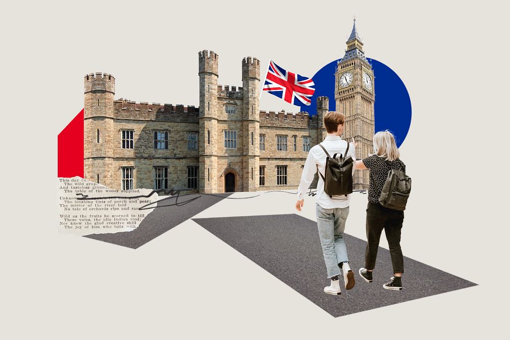 Study in UK, education photo collage, editable design