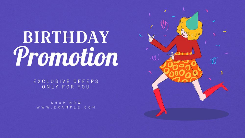 Birthday promotion blog banner template, editable text