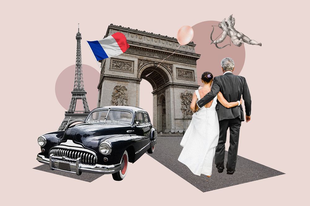 Honeymoon in France, travel photo collage, editable design