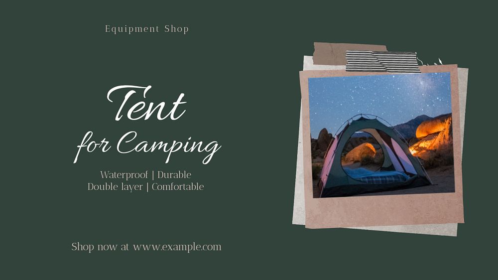 Camping equipment shop blog banner template, editable text