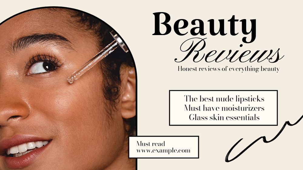 Beauty reviews blog banner template, editable text