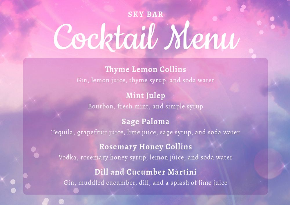 Cocktail menu template, editable design