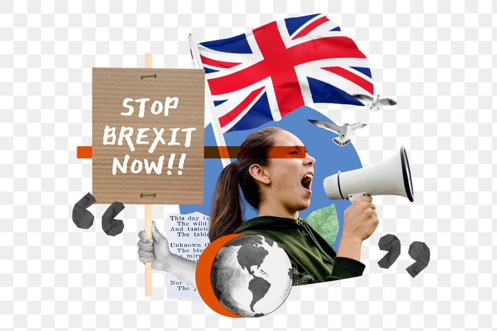 Stop brexit now, woman holding megaphone remix, editable design