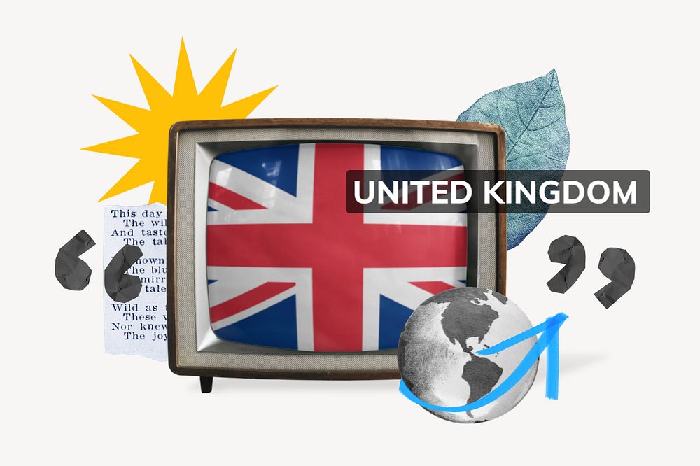 United Kingdom, TV news collage illustration, editable design