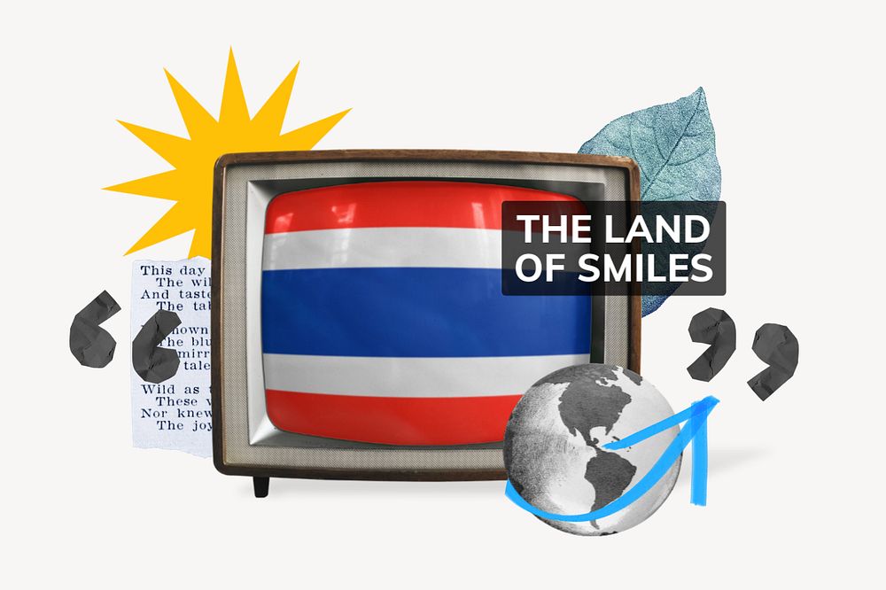 The land of smiles, TV news collage illustration, editable design