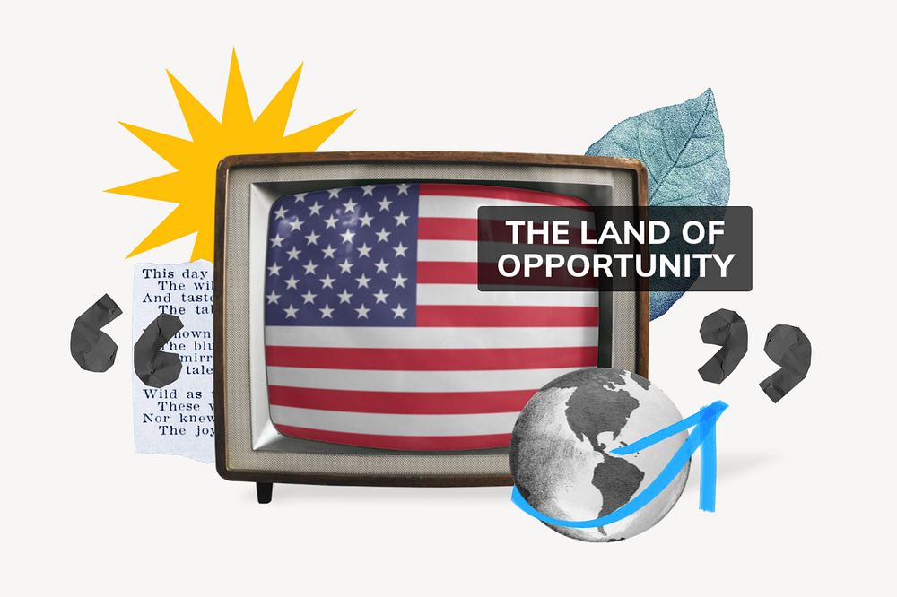 The land of opportunity, TV news collage illustration, editable design