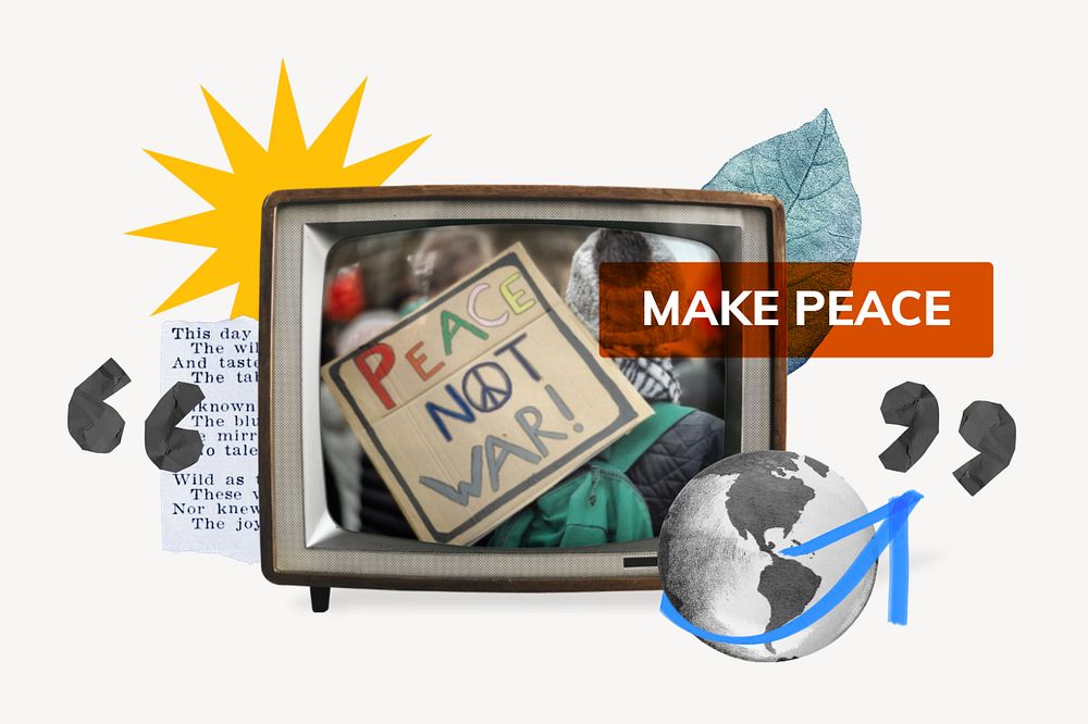 Make peace, TV news collage illustration, editable design