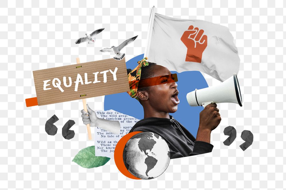 Equality word, woman protesting collage art, editable design