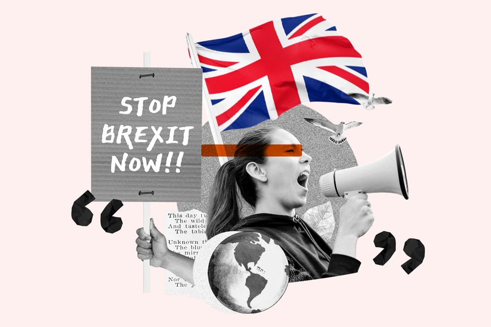 Stop brexit now, woman holding megaphone remix, editable design