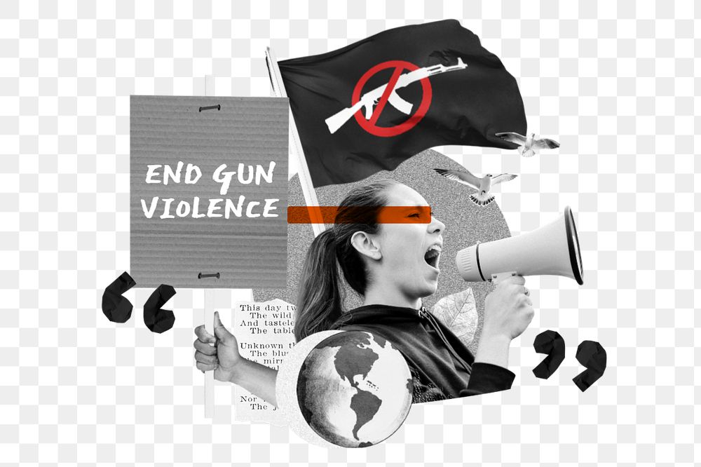 End gun violence, woman protesting collage art, editable design