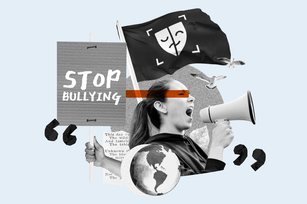 Stop bullying words, woman protesting remix, editable design