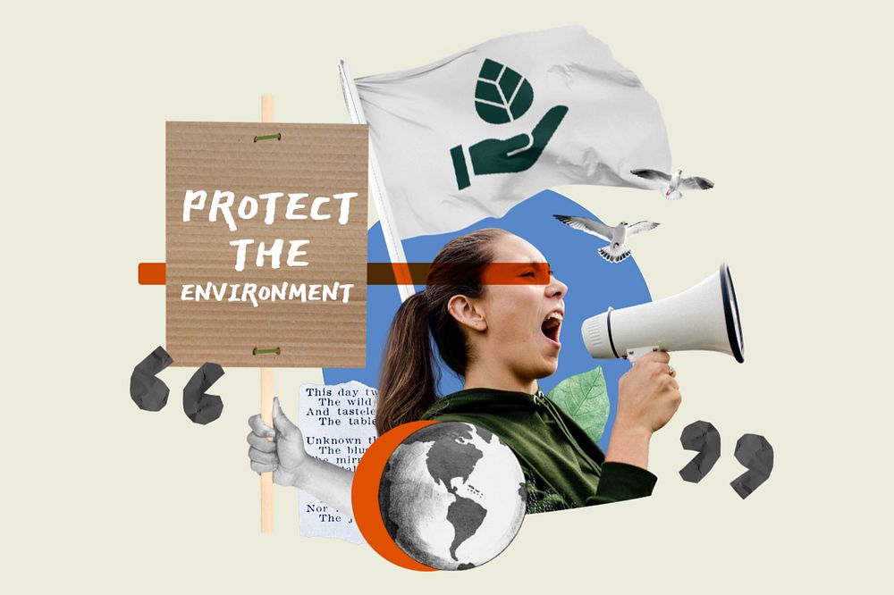 Protect the environment, woman protesting remix, editable design