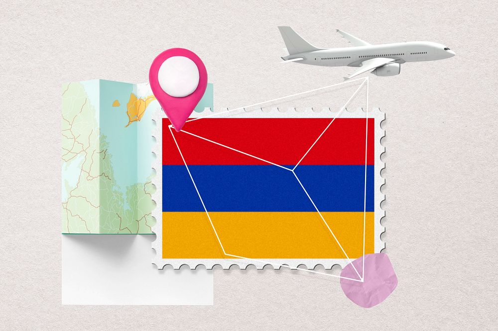 Armenia travel, stamp tourism collage illustration, editable design