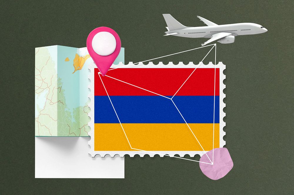 Armenia travel, stamp tourism collage illustration, editable design