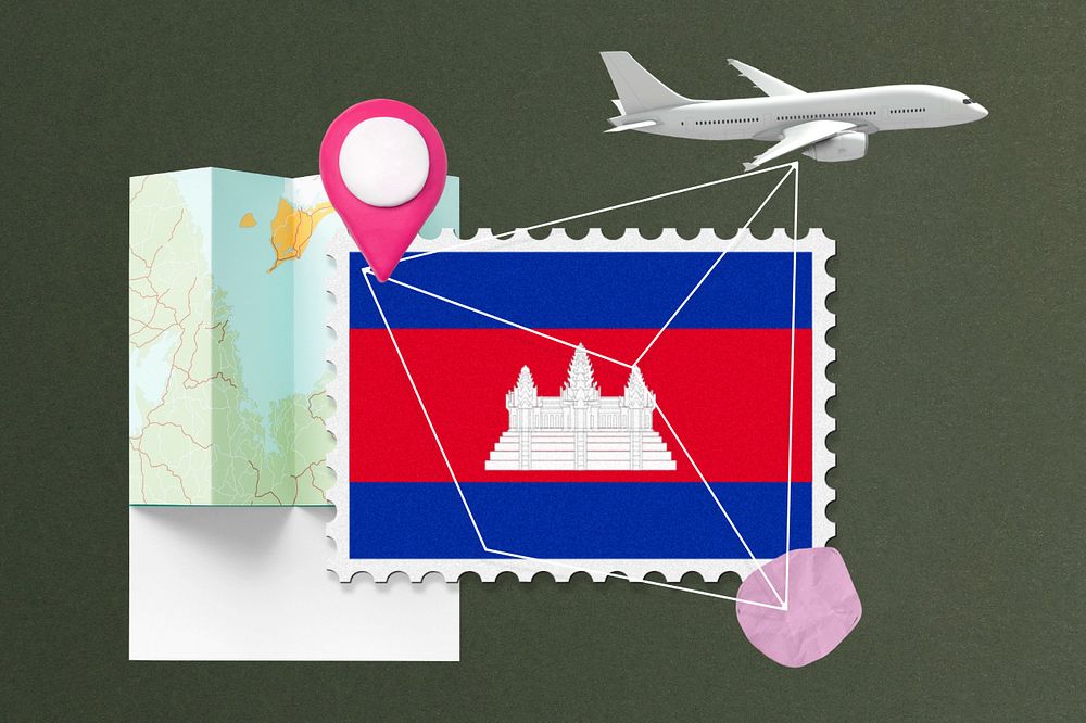 Cambodia travel, stamp tourism collage illustration, editable design