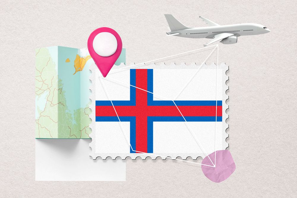 Faroe islands travel, stamp tourism collage illustration, editable design