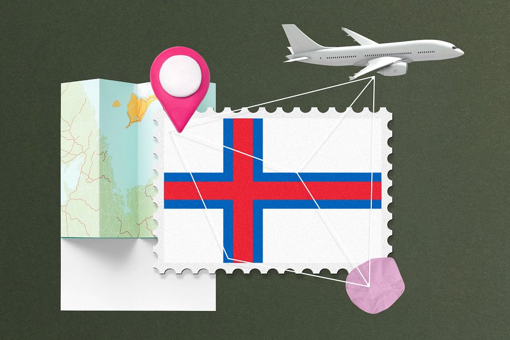 Faroe islands travel, stamp tourism collage illustration, editable design