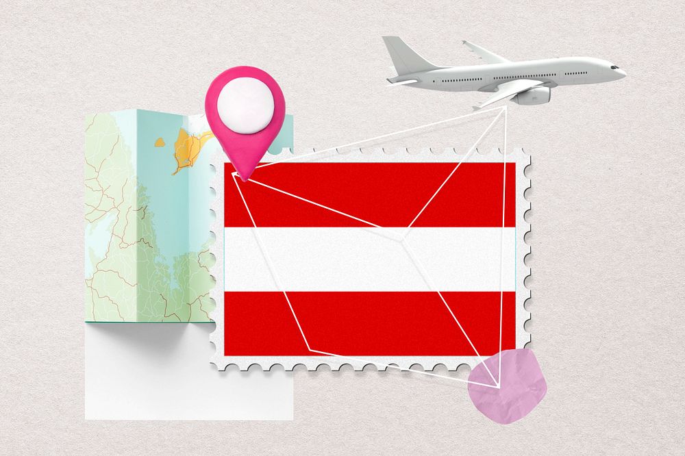 Austria travel, stamp tourism collage illustration, editable design