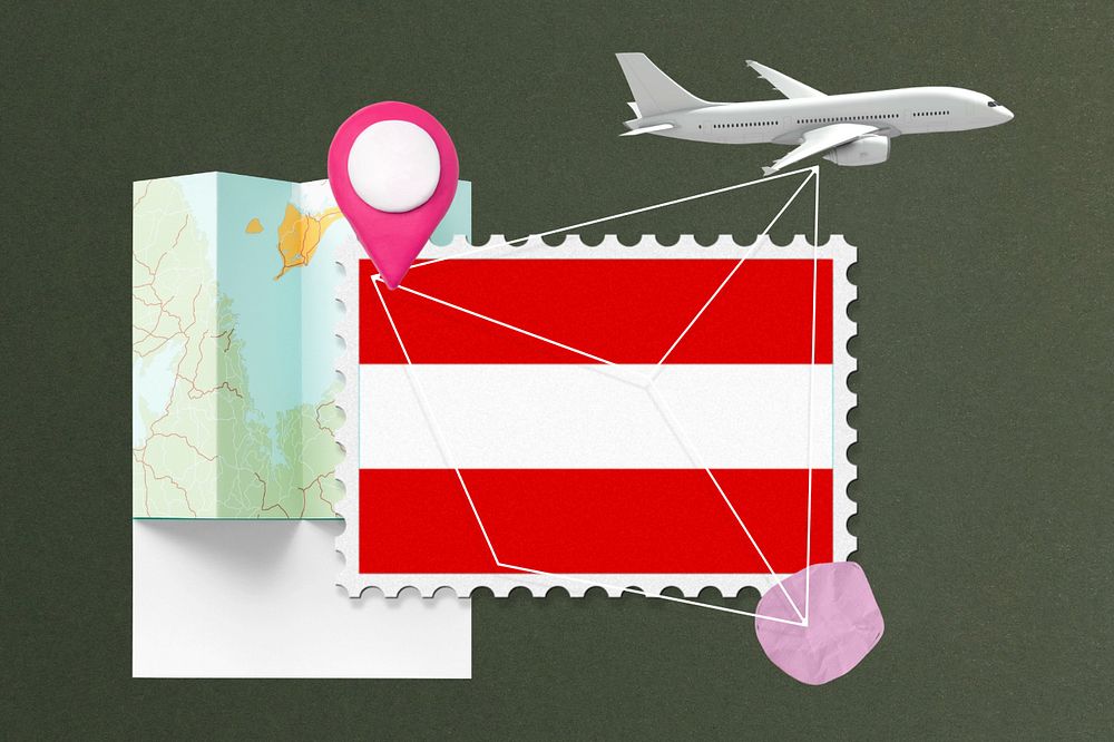 Austria travel, stamp tourism collage illustration, editable design