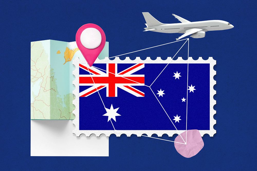 Australia travel, stamp tourism collage illustration, editable design