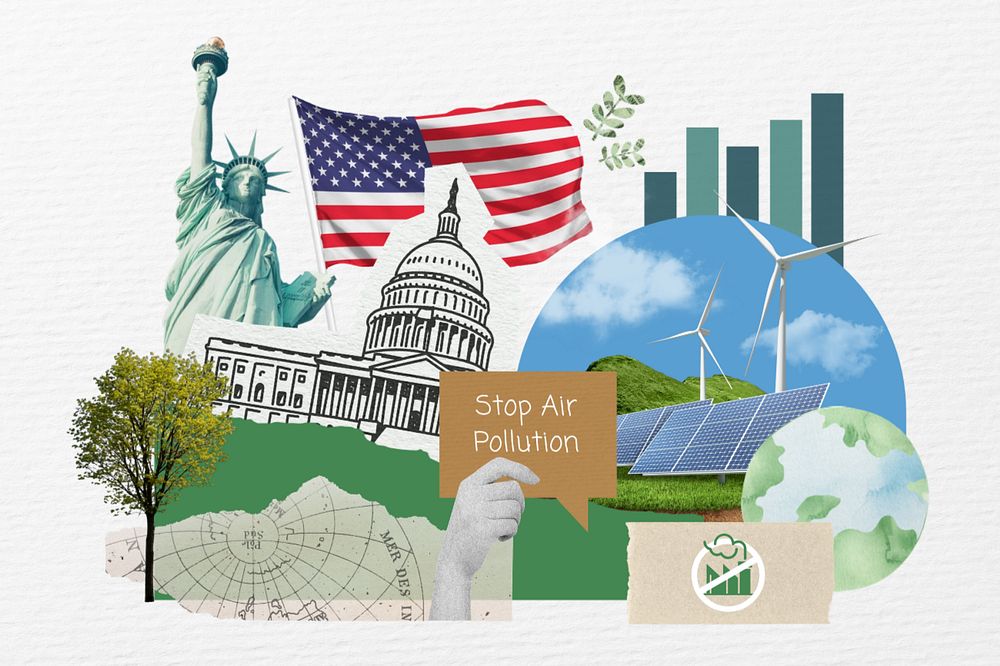 Stop air pollution, American, environment collage, editable design